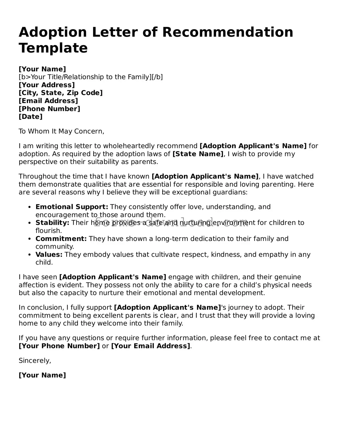 Fillable Adoption Letter of Recommendation Form