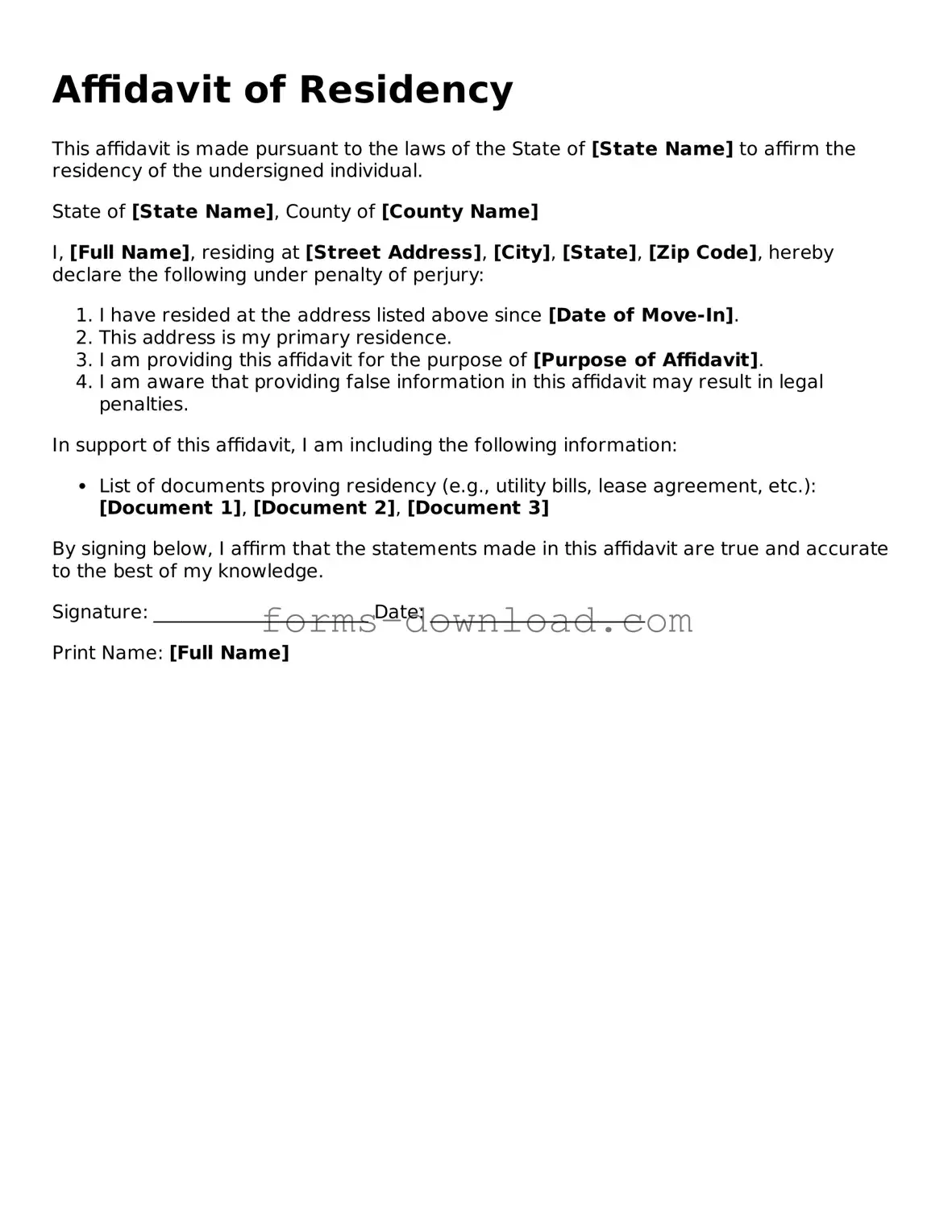 Fillable Affidavit of Residency Form