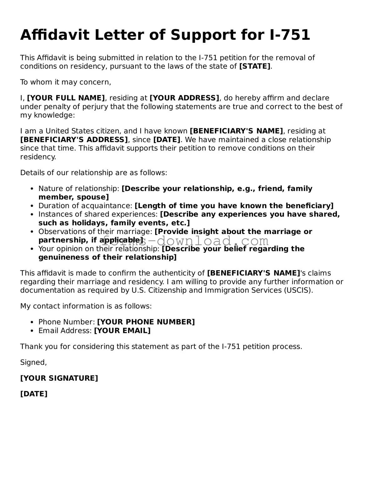 Fillable Affidavit Letter of Support for I-751 Form