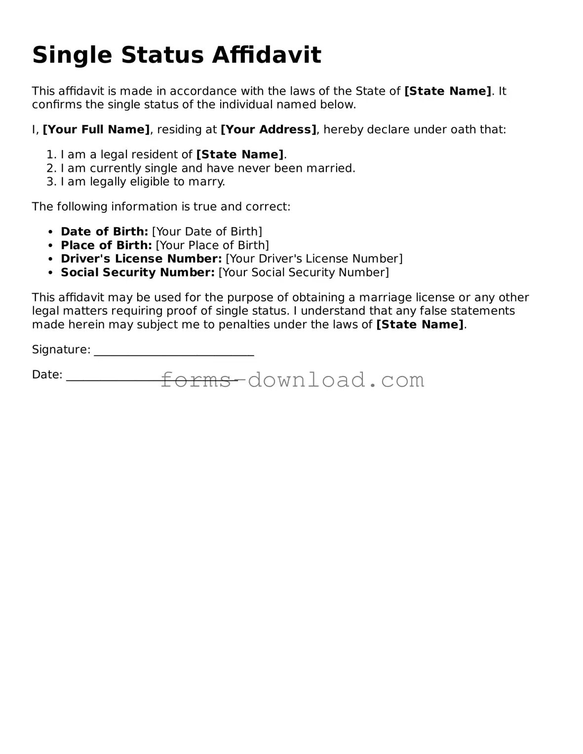 Fillable Single Status Affidavit Form