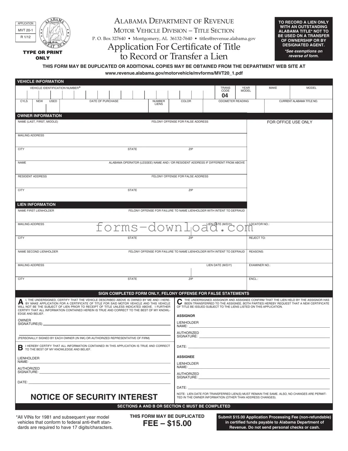 Blank Alabama Mvt 20 1 Form