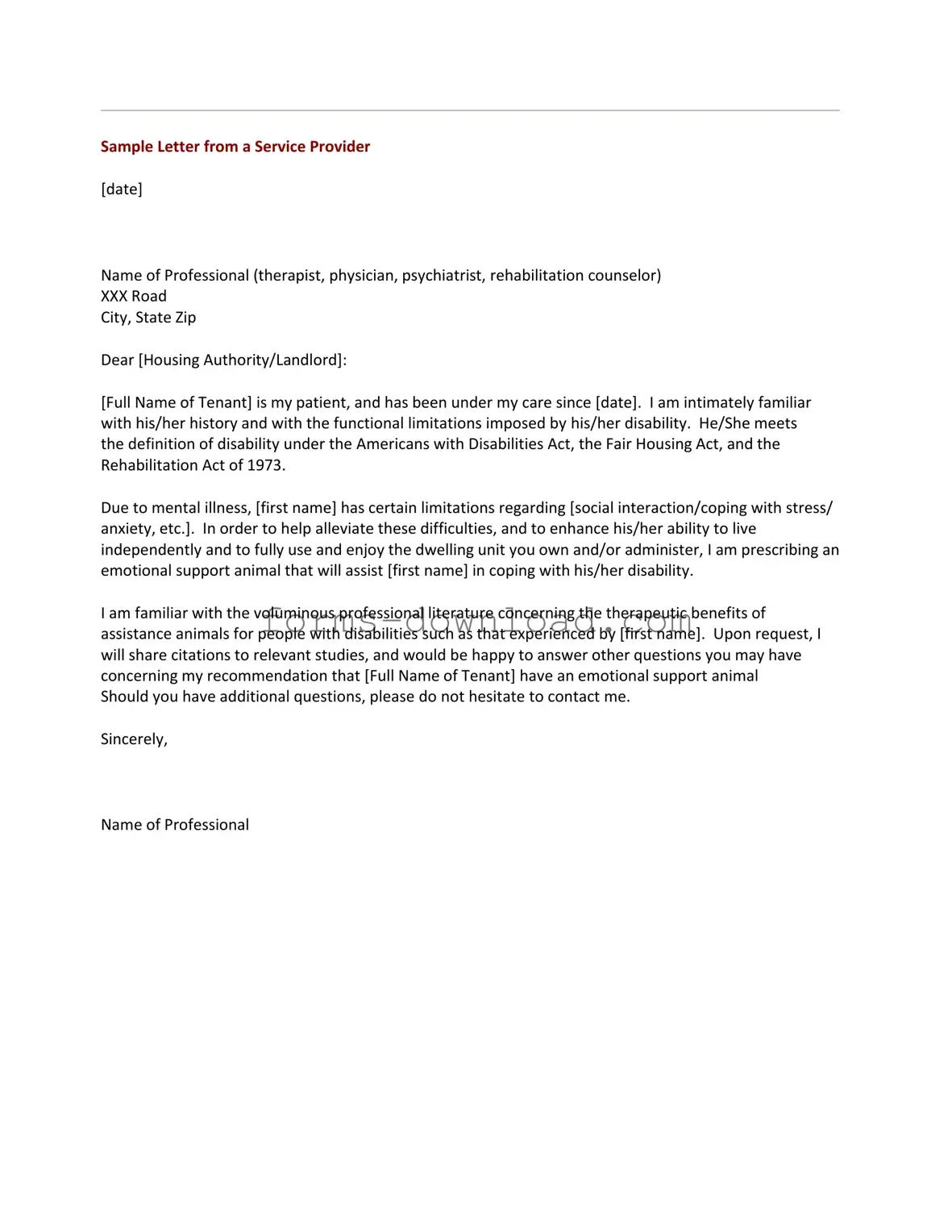 Blank Emotional Support Animal Letter Form