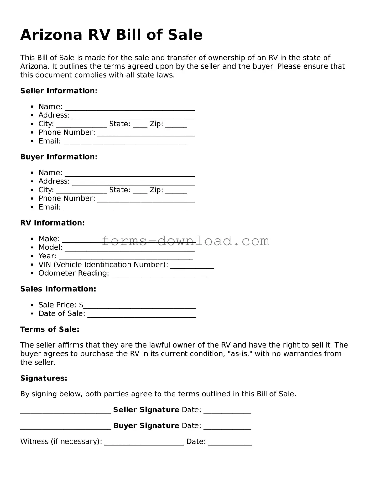 Attorney-Approved RV Bill of Sale Document for the State of Arizona