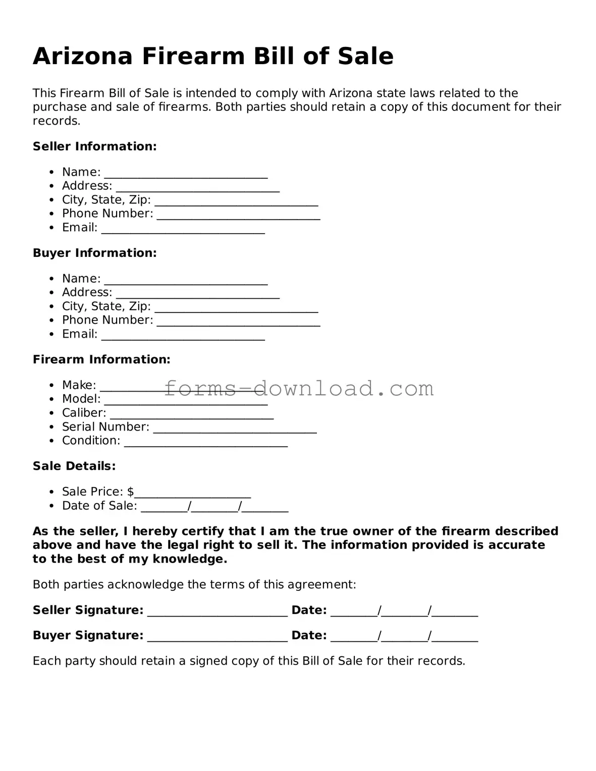 Attorney-Approved Firearm Bill of Sale Document for the State of Arizona