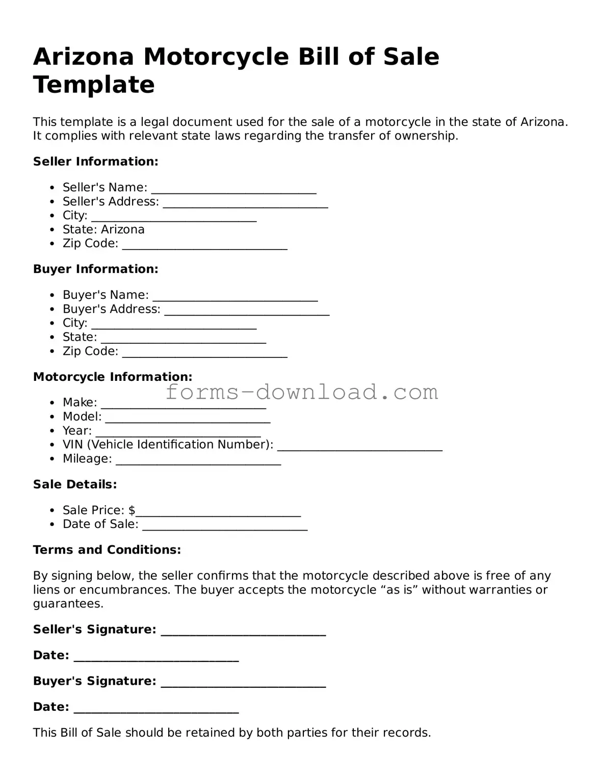Attorney-Approved Motorcycle Bill of Sale Document for the State of Arizona