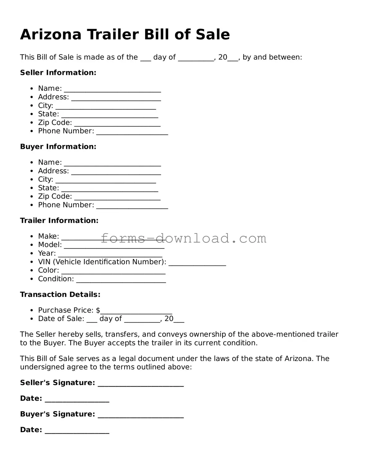 Attorney-Approved Trailer Bill of Sale Document for the State of Arizona