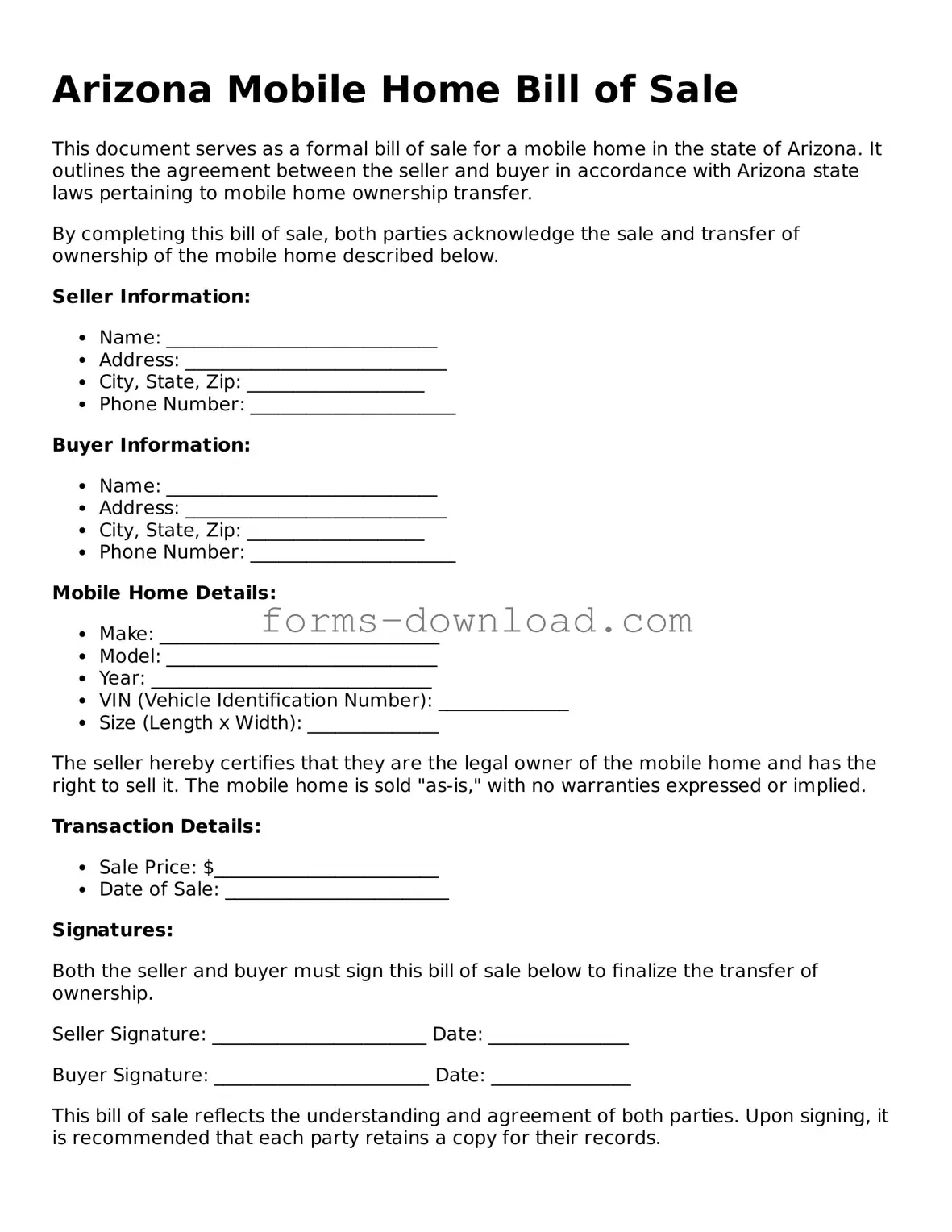 Attorney-Approved Mobile Home Bill of Sale Document for the State of Arizona