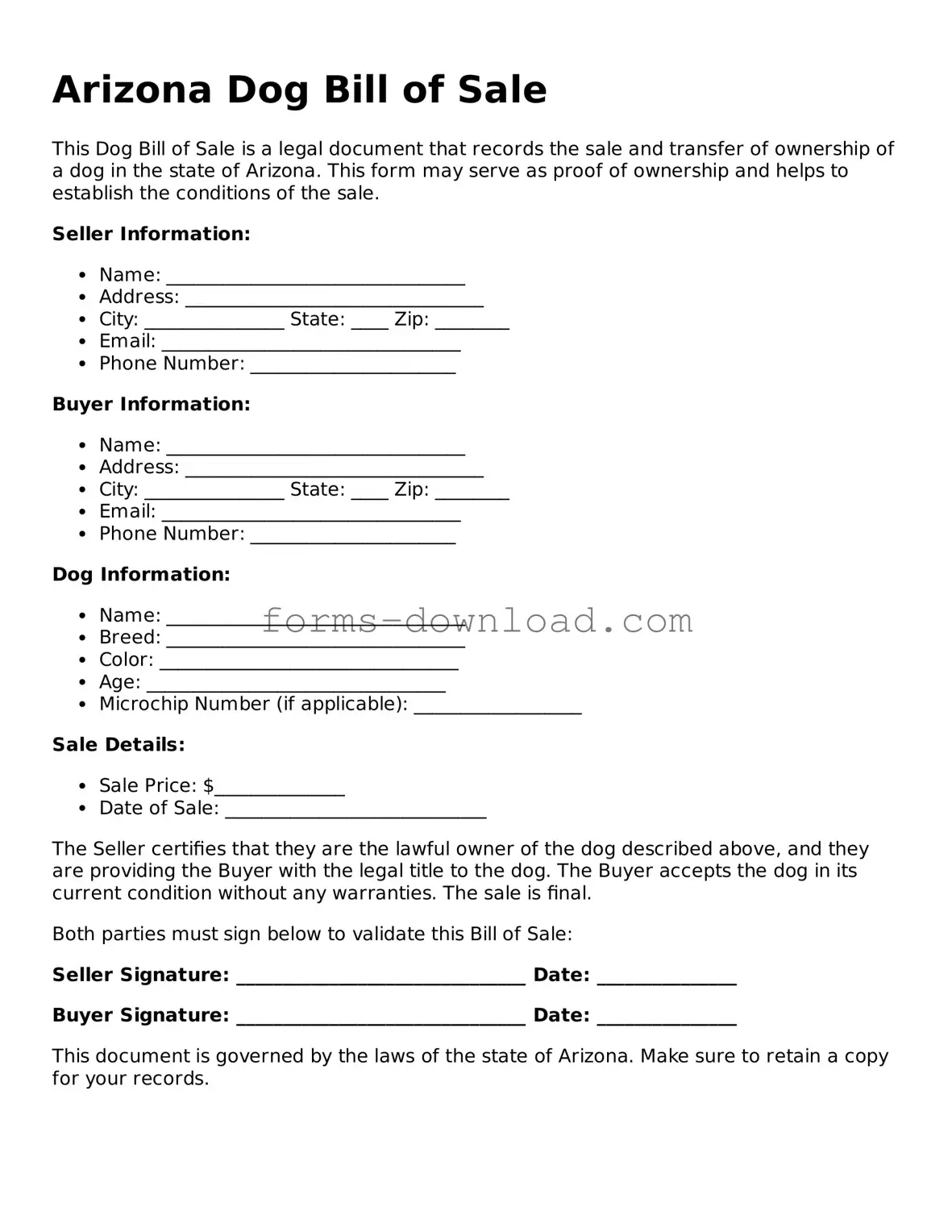 Attorney-Approved Dog Bill of Sale Document for the State of Arizona