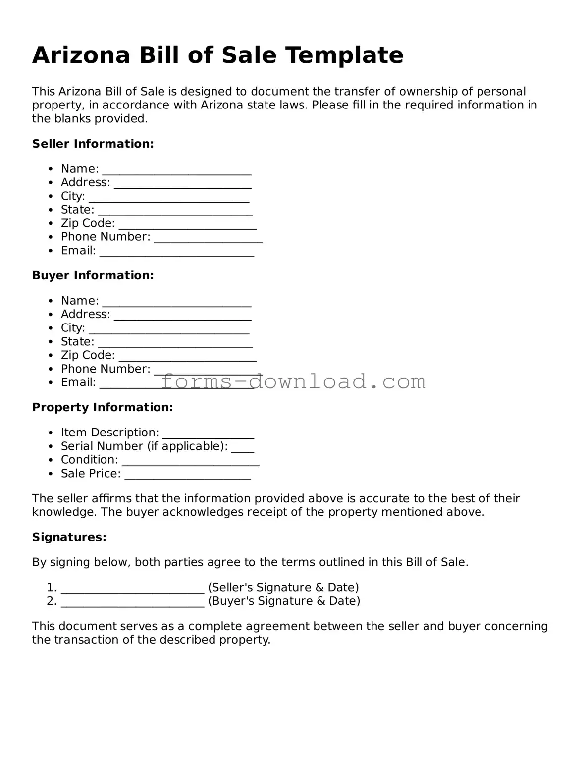 Attorney-Approved Bill of Sale Document for the State of Arizona