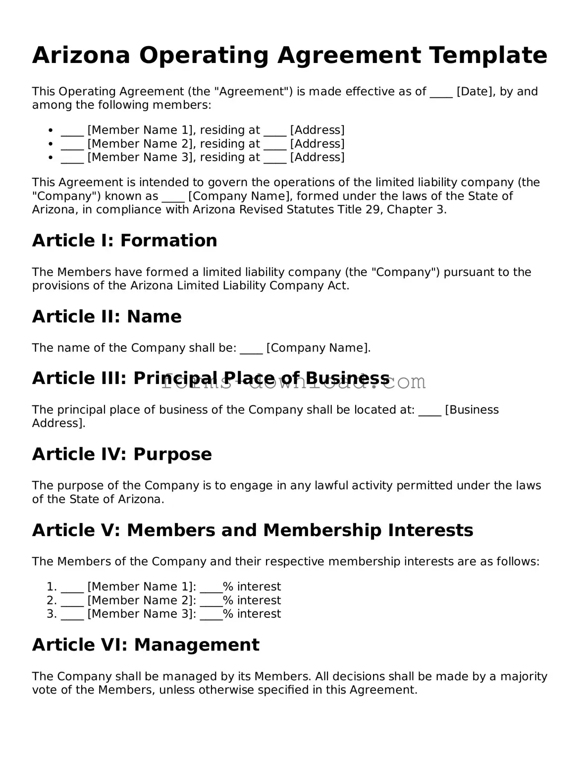 Attorney-Approved Operating Agreement Document for the State of Arizona