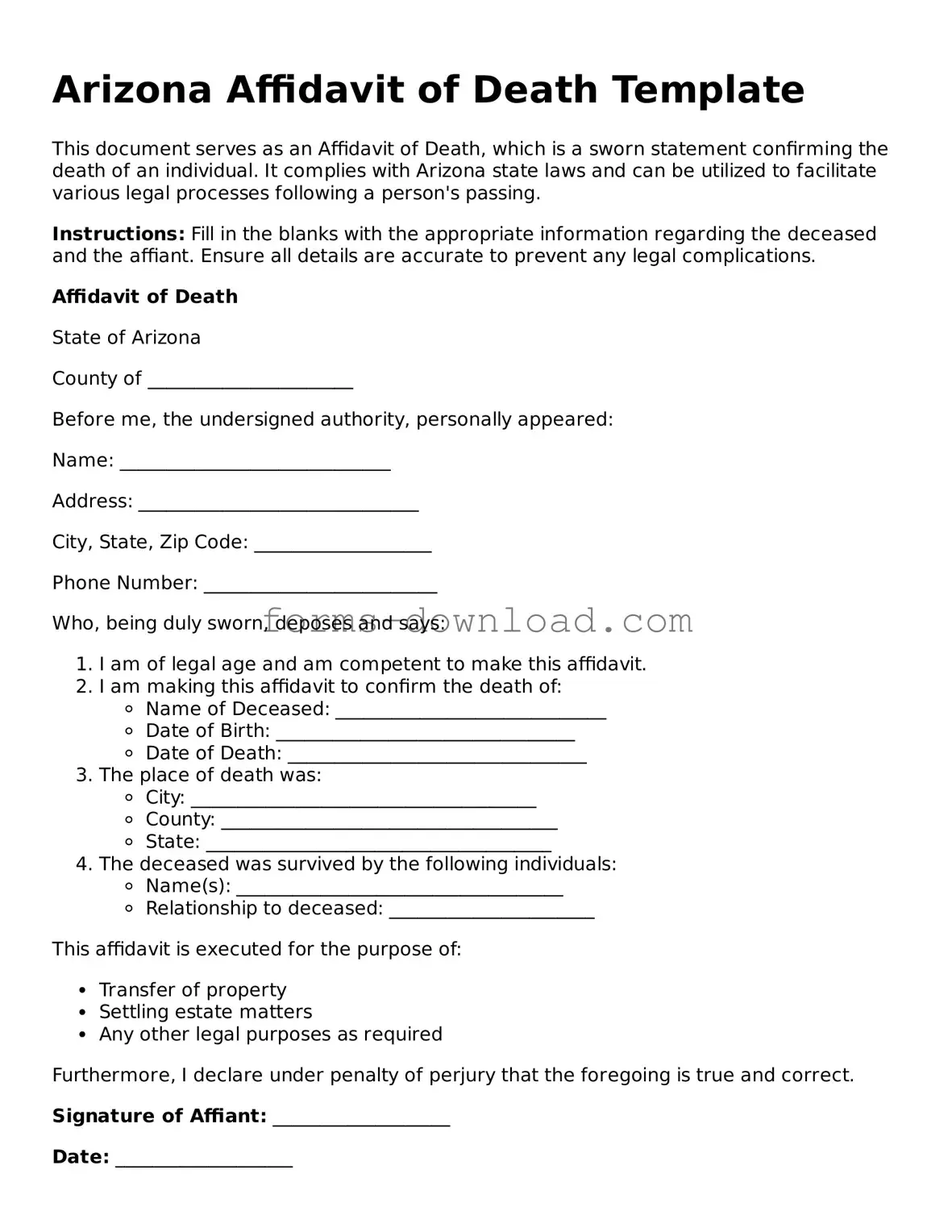 Attorney-Approved Affidavit of Death Document for the State of Arizona