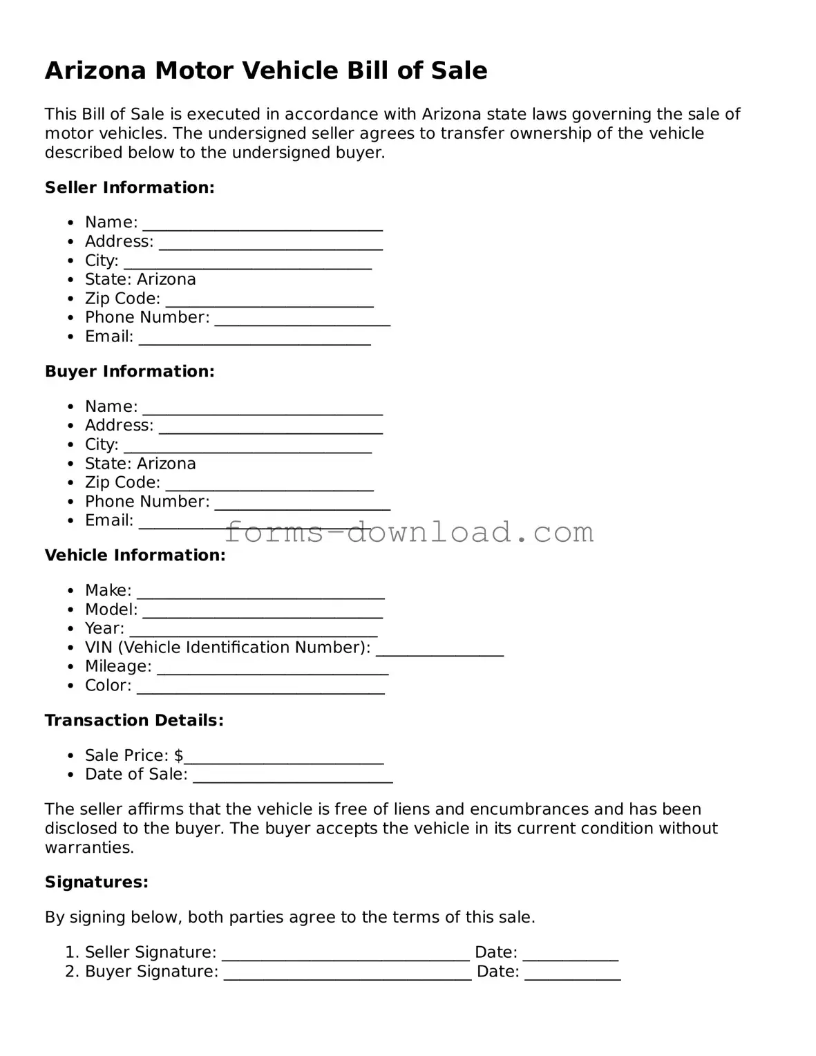 Attorney-Approved Motor Vehicle Bill of Sale Document for the State of Arizona