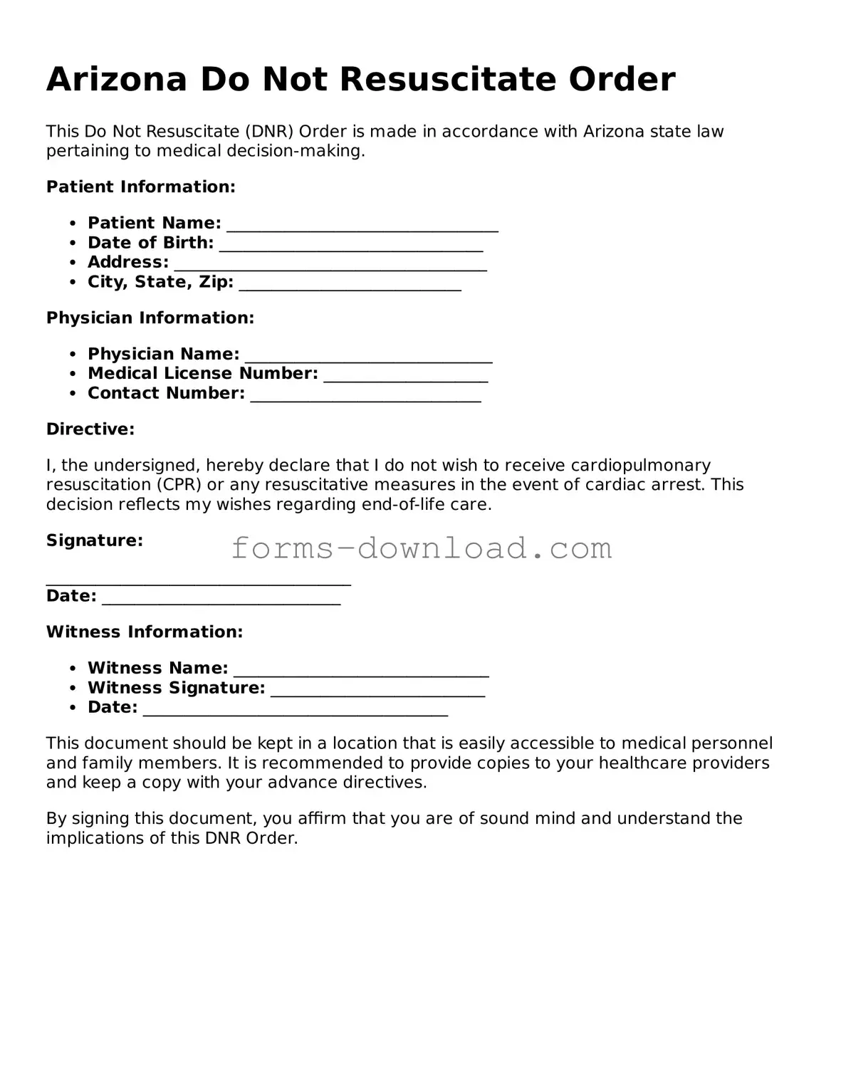 Attorney-Approved Do Not Resuscitate Order Document for the State of Arizona