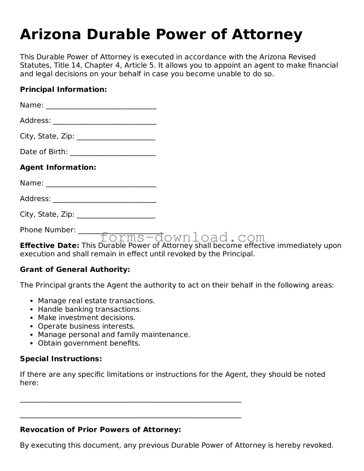 Attorney-Approved Durable Power of Attorney Document for the State of Arizona