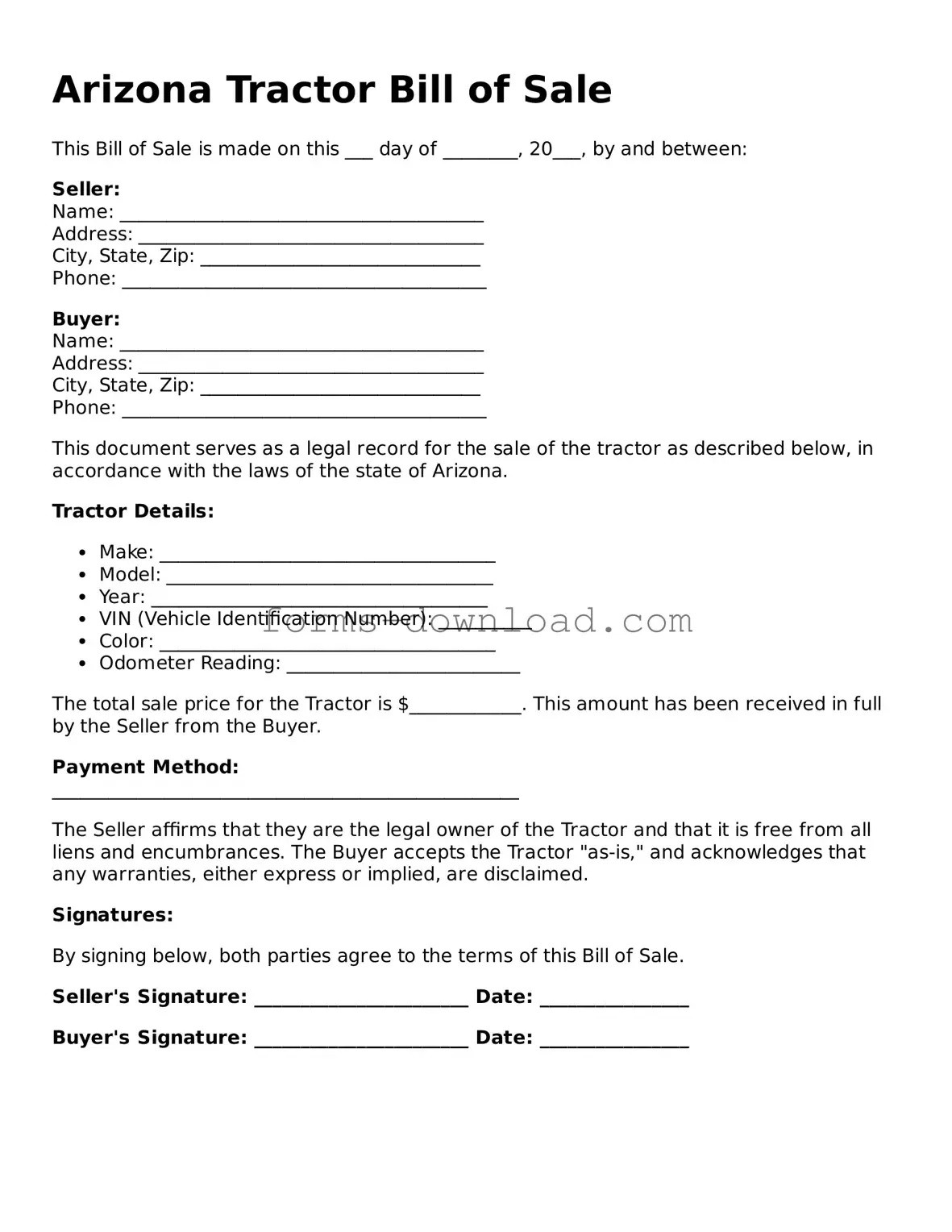 Attorney-Approved Tractor Bill of Sale Document for the State of Arizona