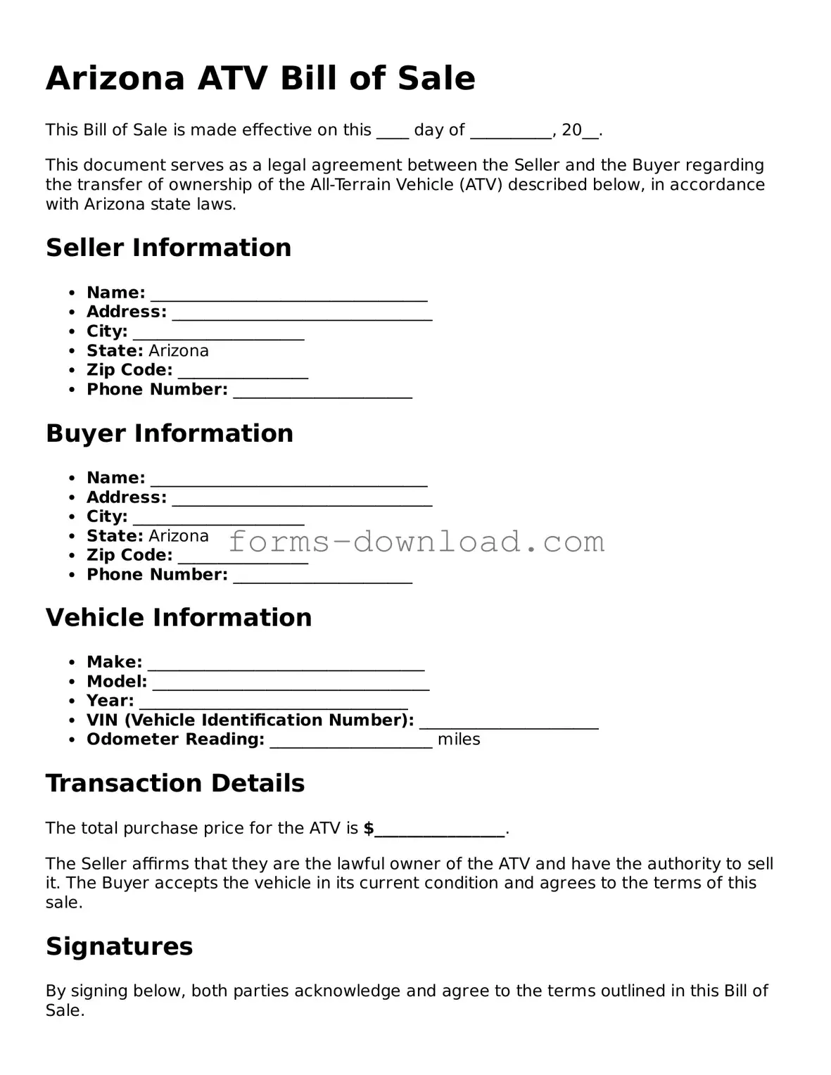 Attorney-Approved ATV Bill of Sale Document for the State of Arizona