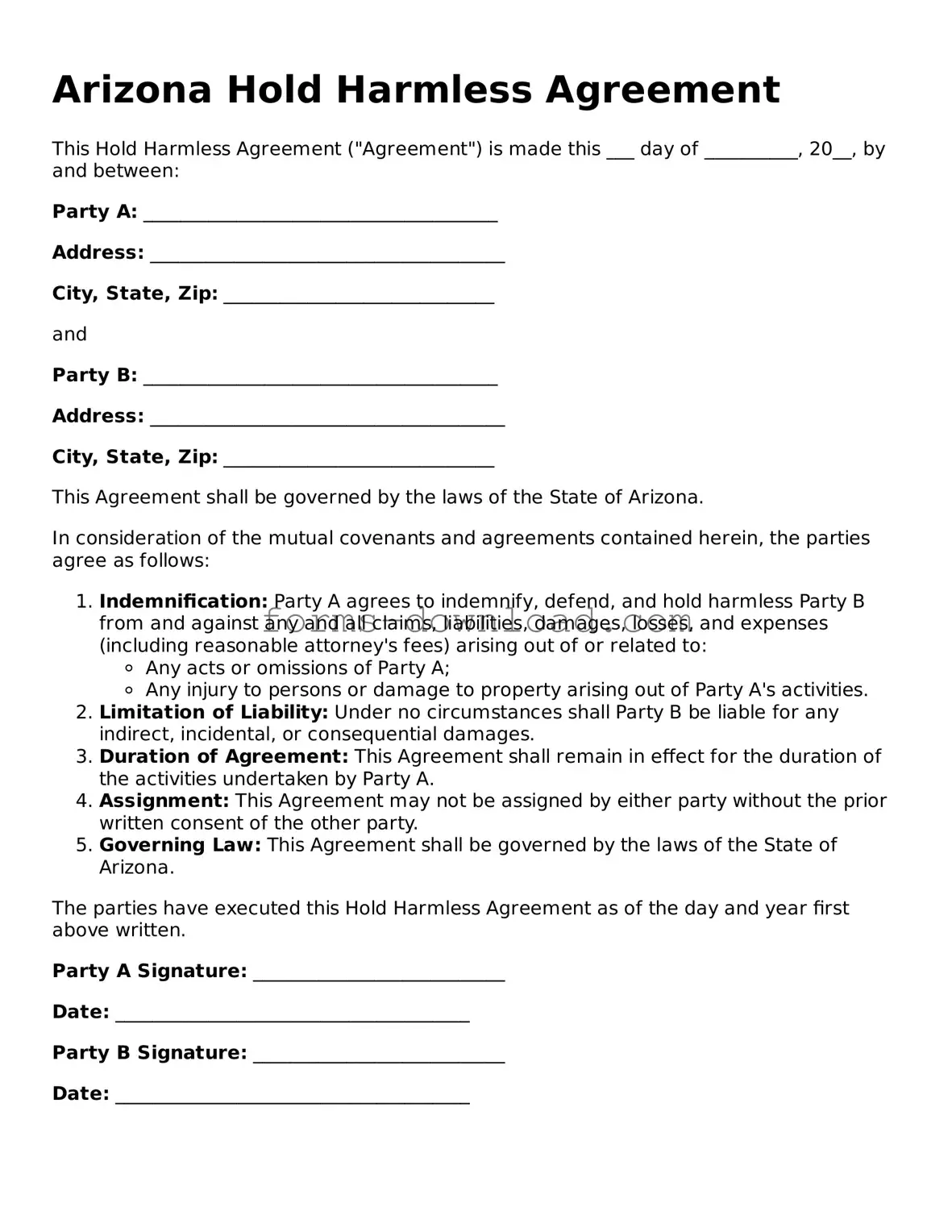 Attorney-Approved Hold Harmless Agreement Document for the State of Arizona