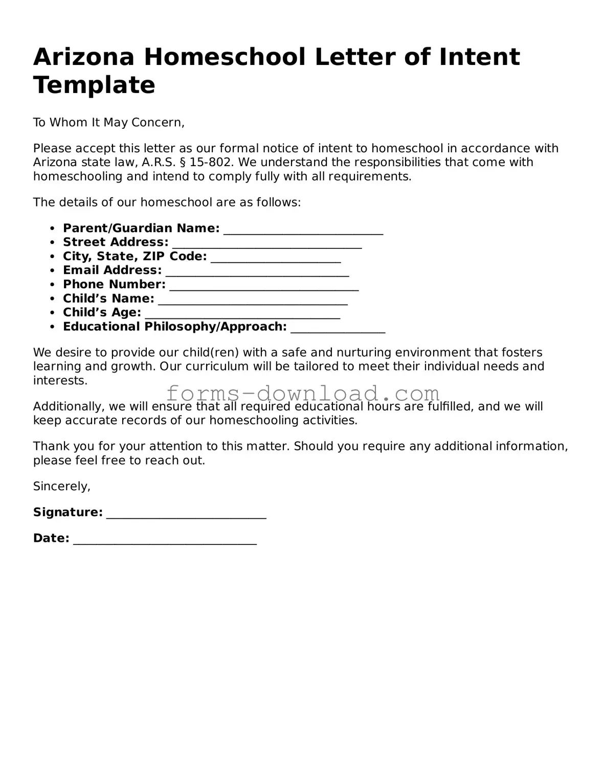 Attorney-Approved Homeschool Letter of Intent Document for the State of Arizona