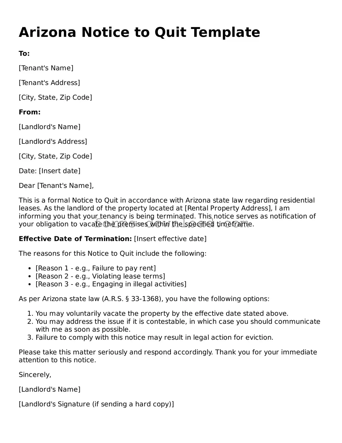 Attorney-Approved Notice to Quit Document for the State of Arizona