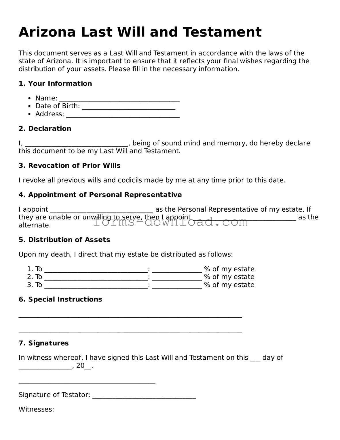 Attorney-Approved Last Will and Testament Document for the State of Arizona