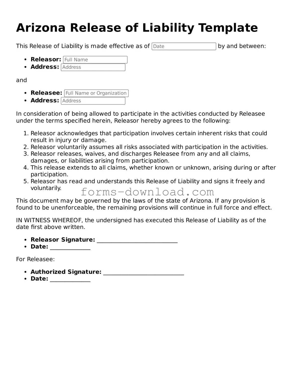 Attorney-Approved Release of Liability Document for the State of Arizona