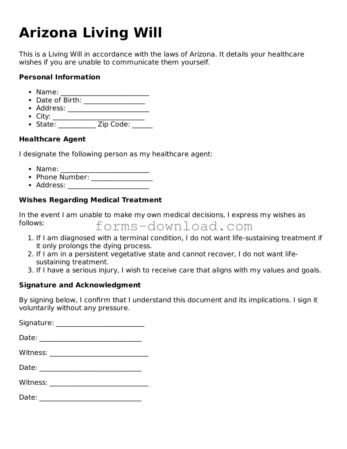Attorney-Approved Living Will Document for the State of Arizona