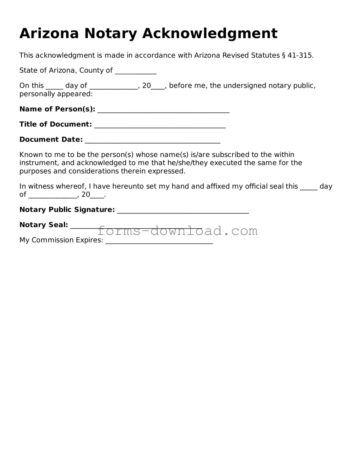 Attorney-Approved Notary Acknowledgement Document for the State of Arizona