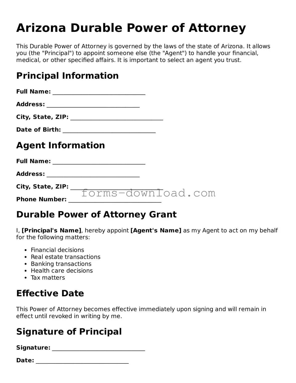 Attorney-Approved Power of Attorney Document for the State of Arizona