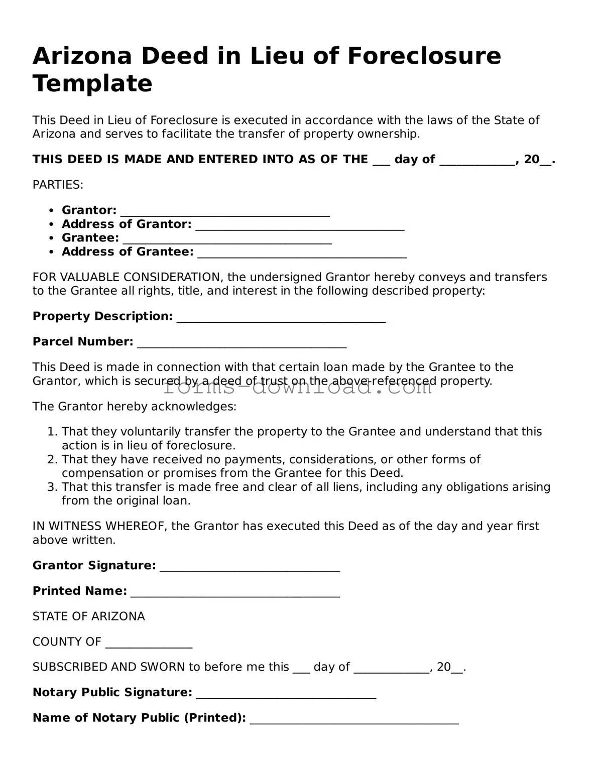 Attorney-Approved Deed in Lieu of Foreclosure Document for the State of Arizona