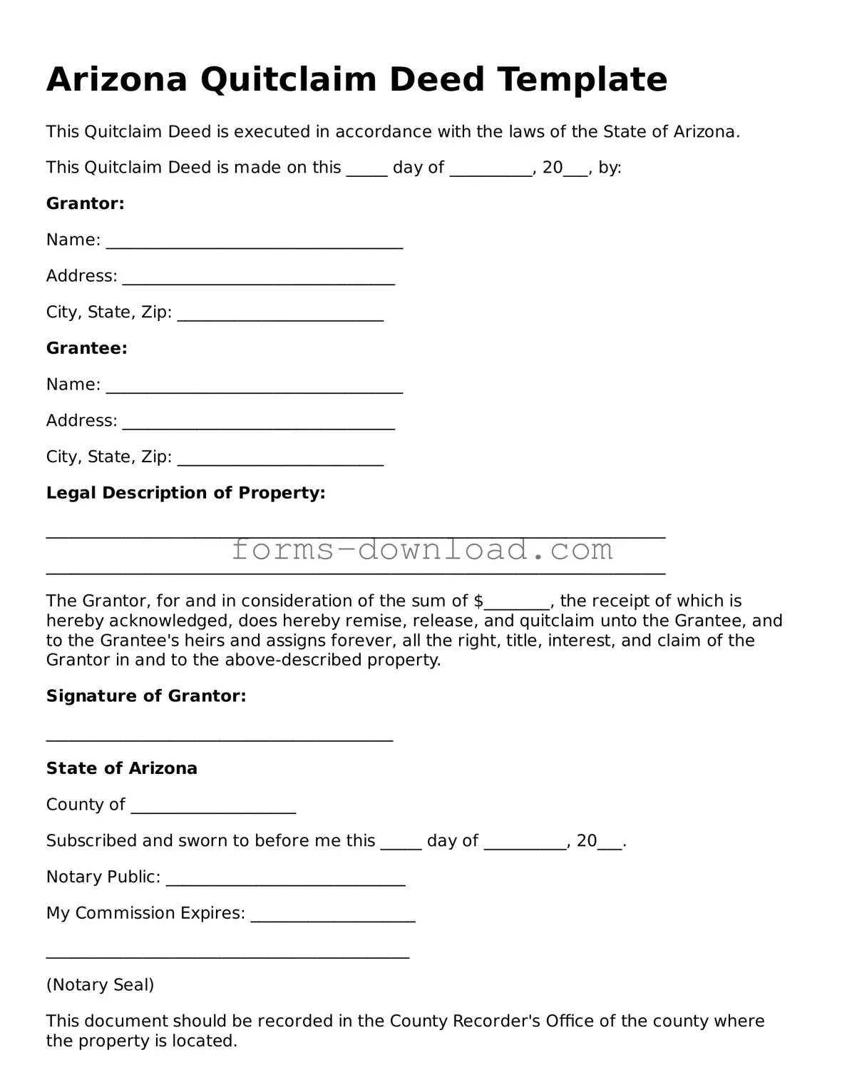 Attorney-Approved Quitclaim Deed Document for the State of Arizona