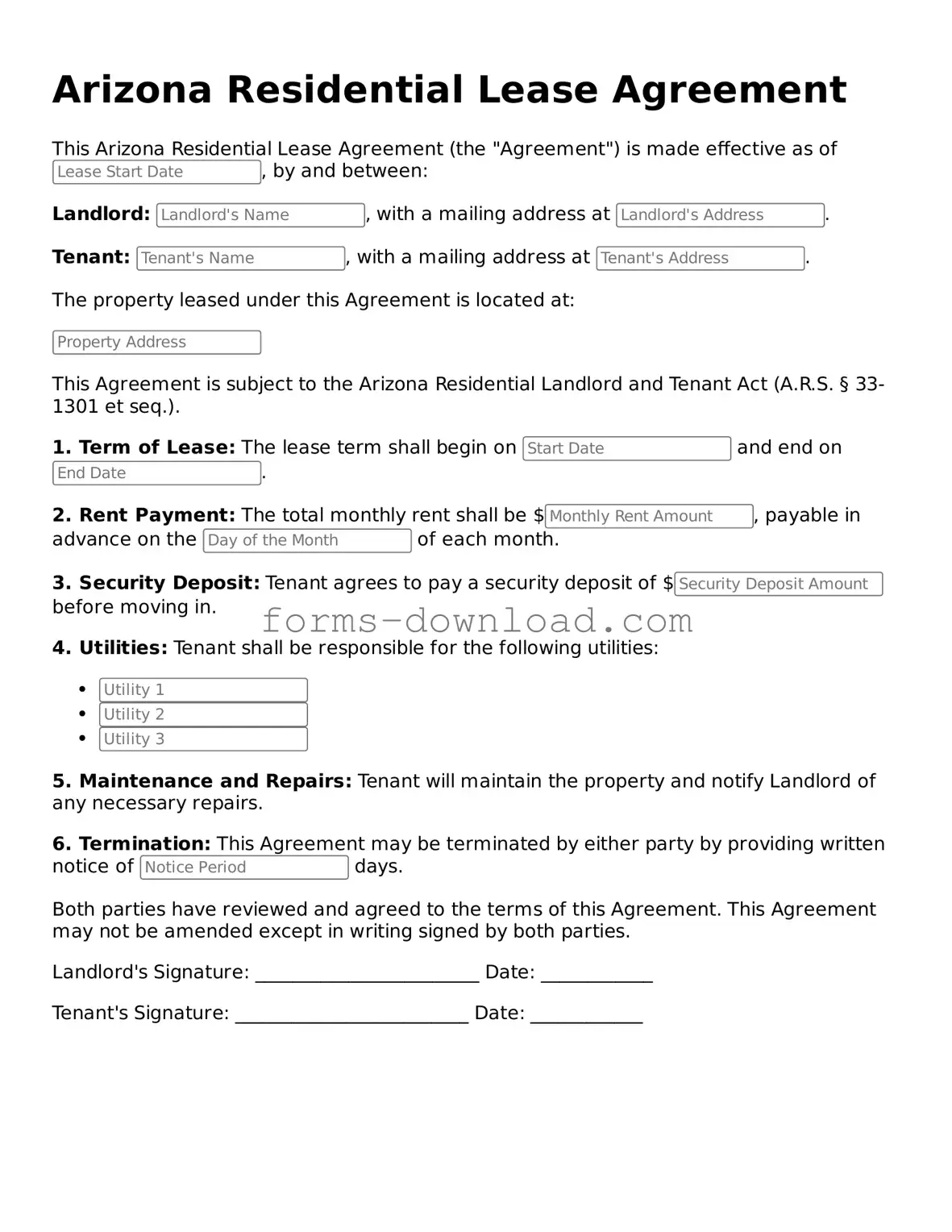 Attorney-Approved Residential Lease Agreement Document for the State of Arizona