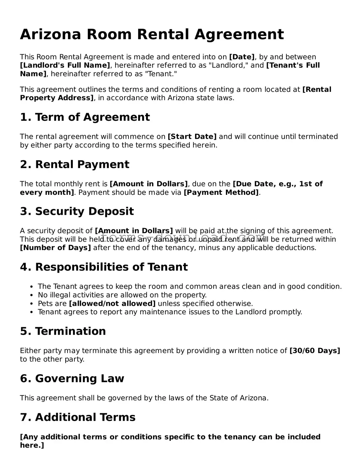 Attorney-Approved Room Rental Agreement Document for the State of Arizona