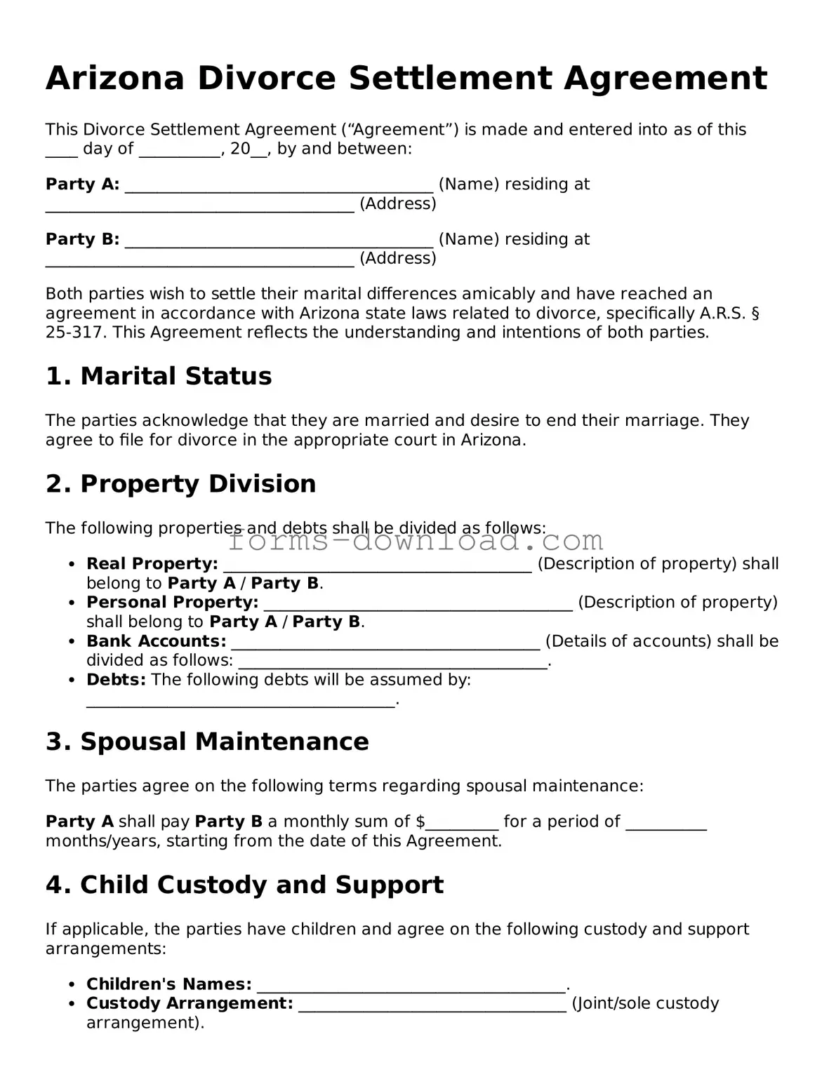 Attorney-Approved Divorce Settlement Agreement Document for the State of Arizona