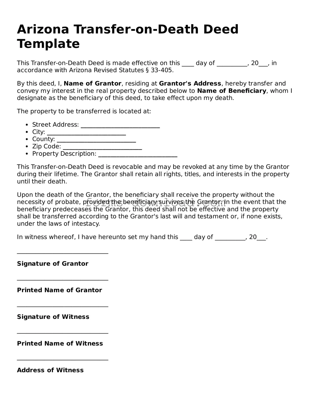 Attorney-Approved Transfer-on-Death Deed Document for the State of Arizona