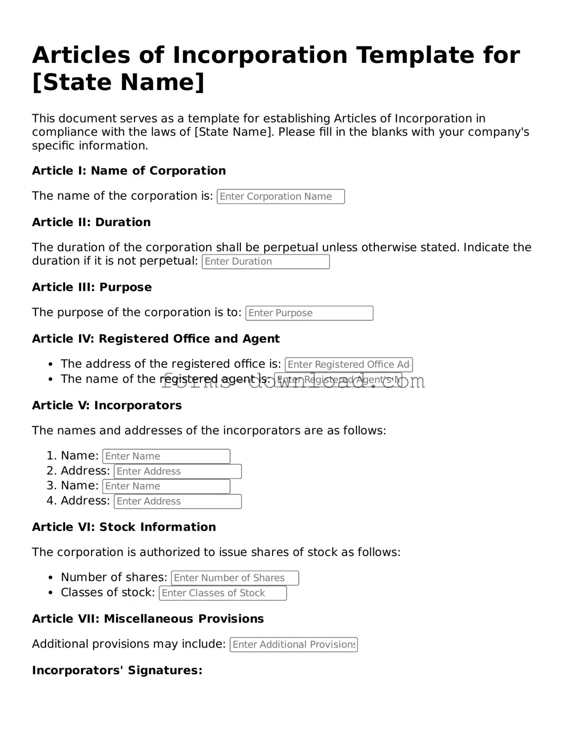 Fillable Articles of Incorporation Form