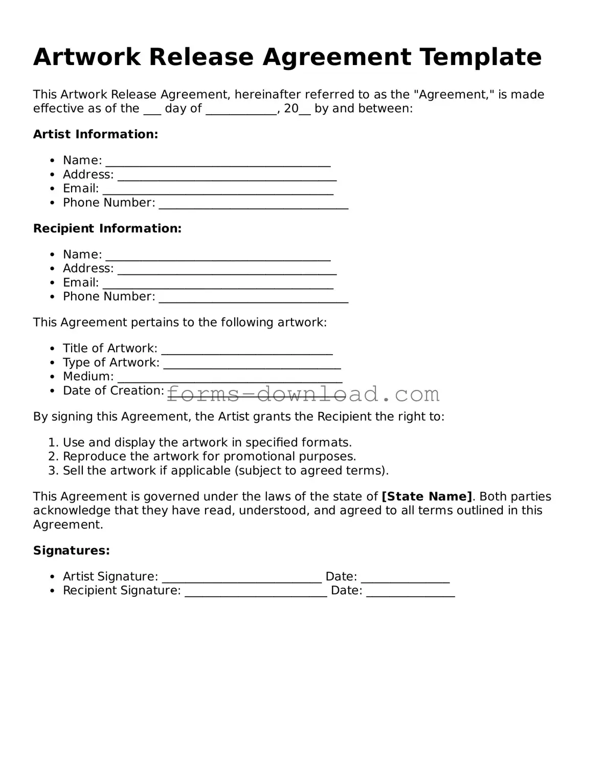 Fillable Artwork Release Form