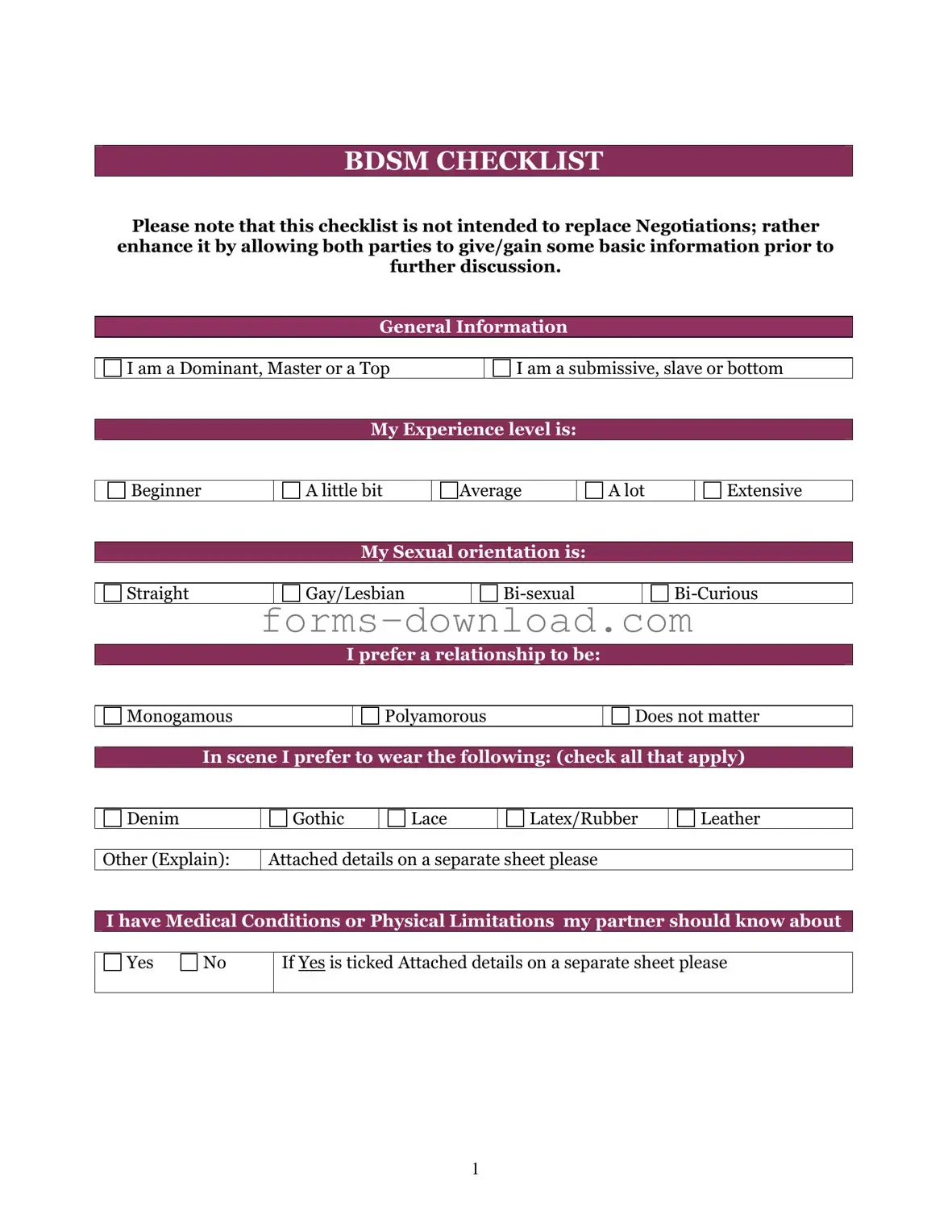 Blank Bdsm Checklist Form