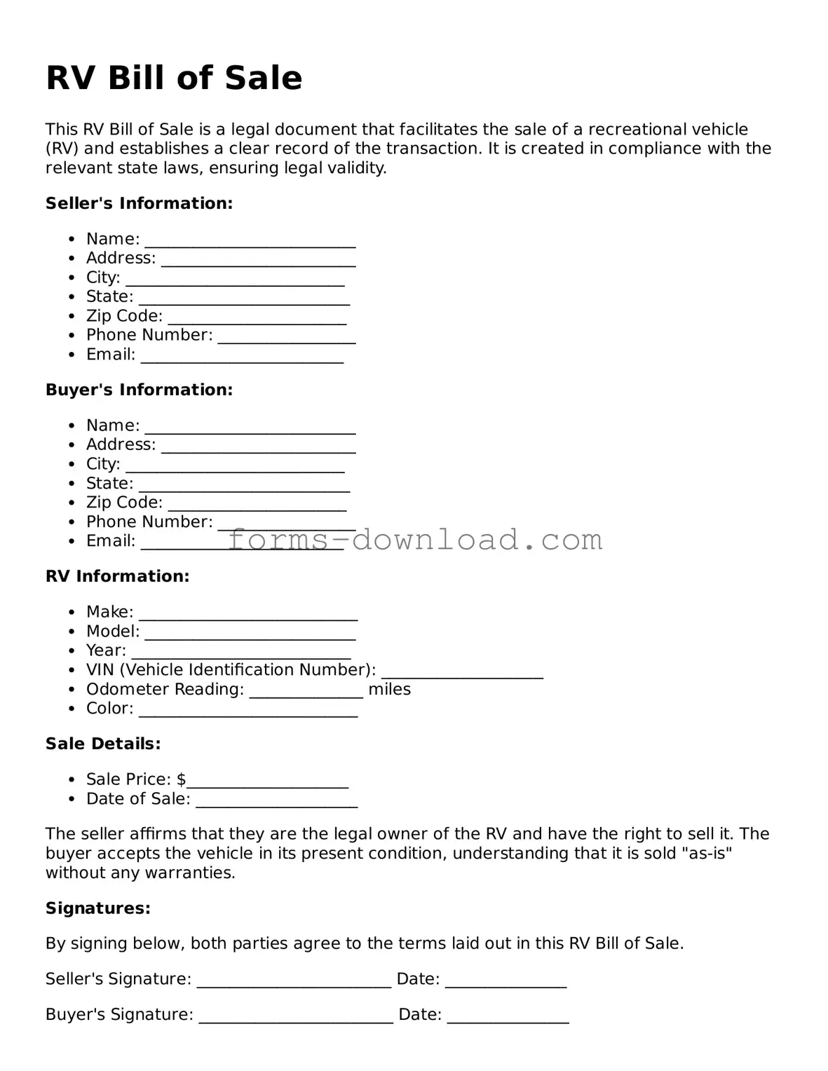 Fillable RV Bill of Sale Form