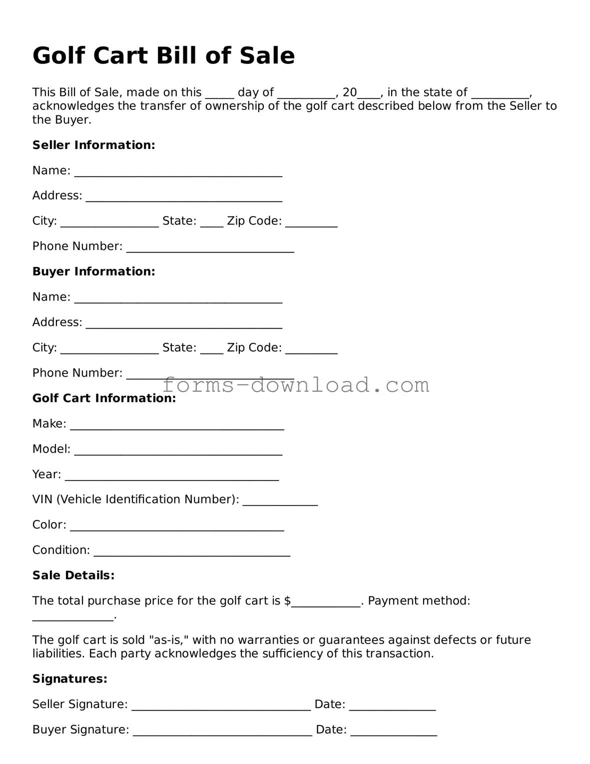 Fillable Golf Cart Bill of Sale Form