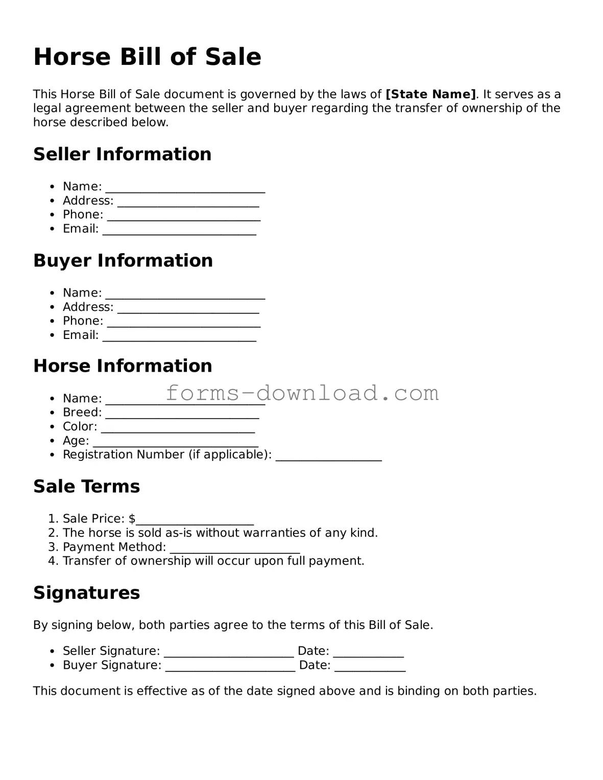 Fillable Horse Bill of Sale Form
