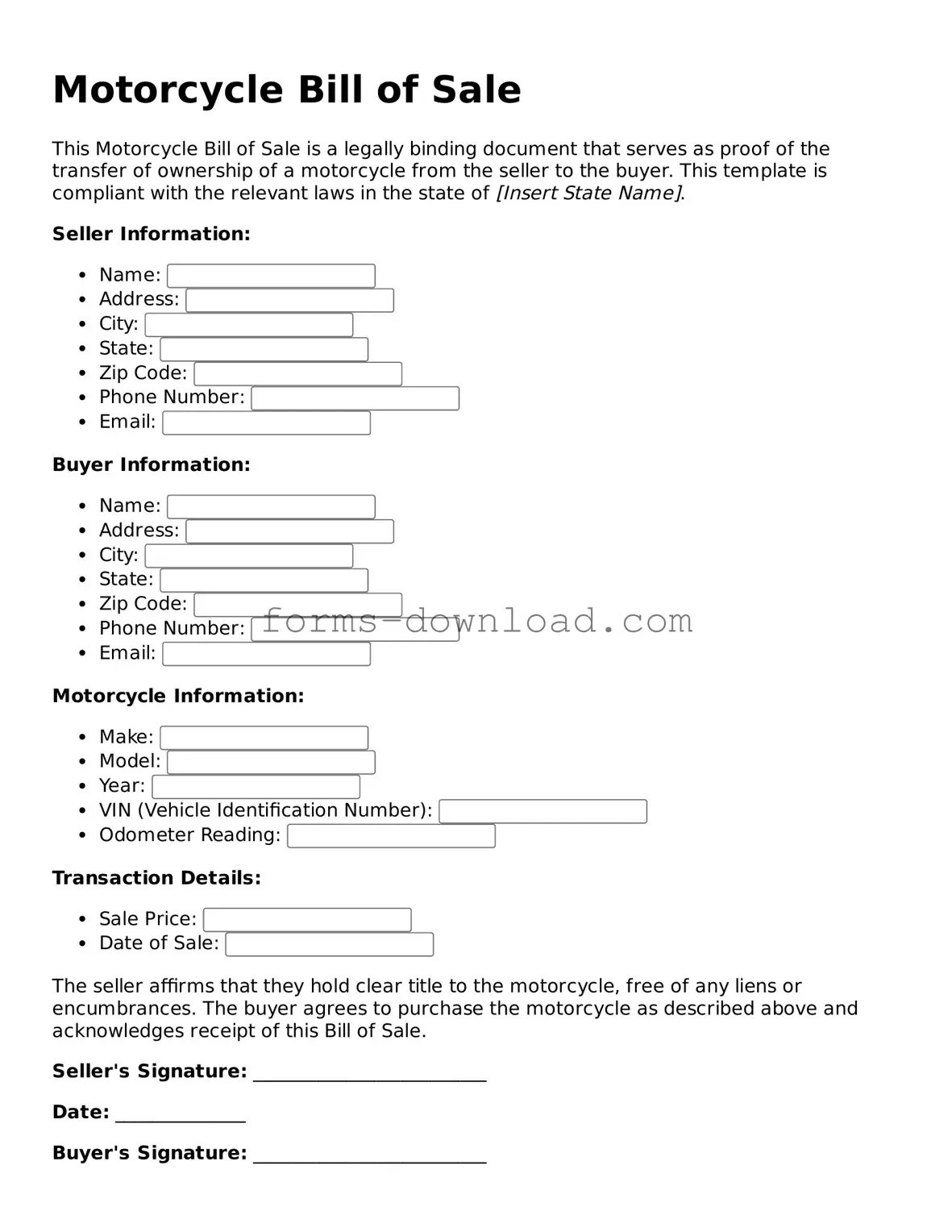 Fillable Motorcycle Bill of Sale Form
