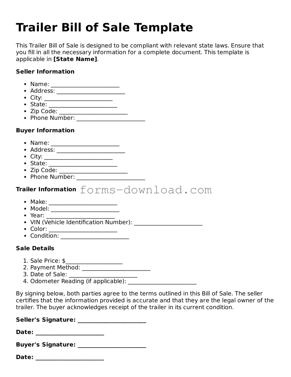 Fillable Trailer Bill of Sale Form