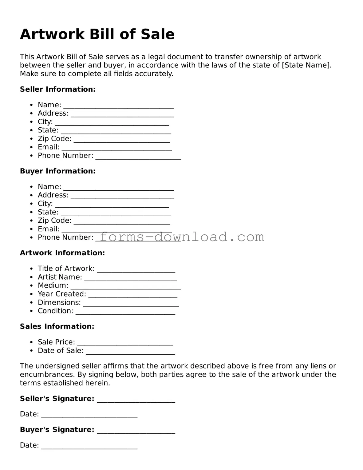 Fillable Artwork Bill of Sale Form