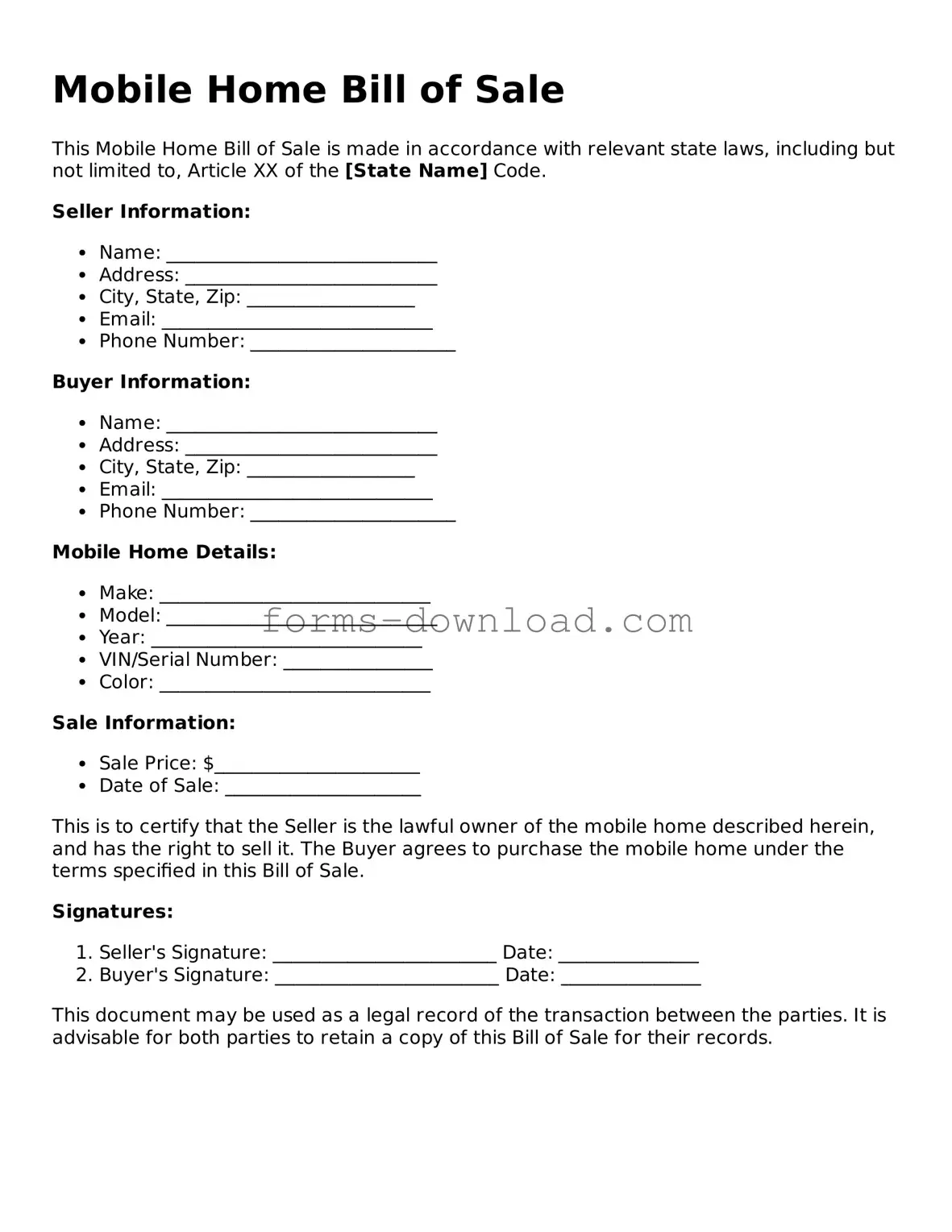 Fillable Mobile Home Bill of Sale Form