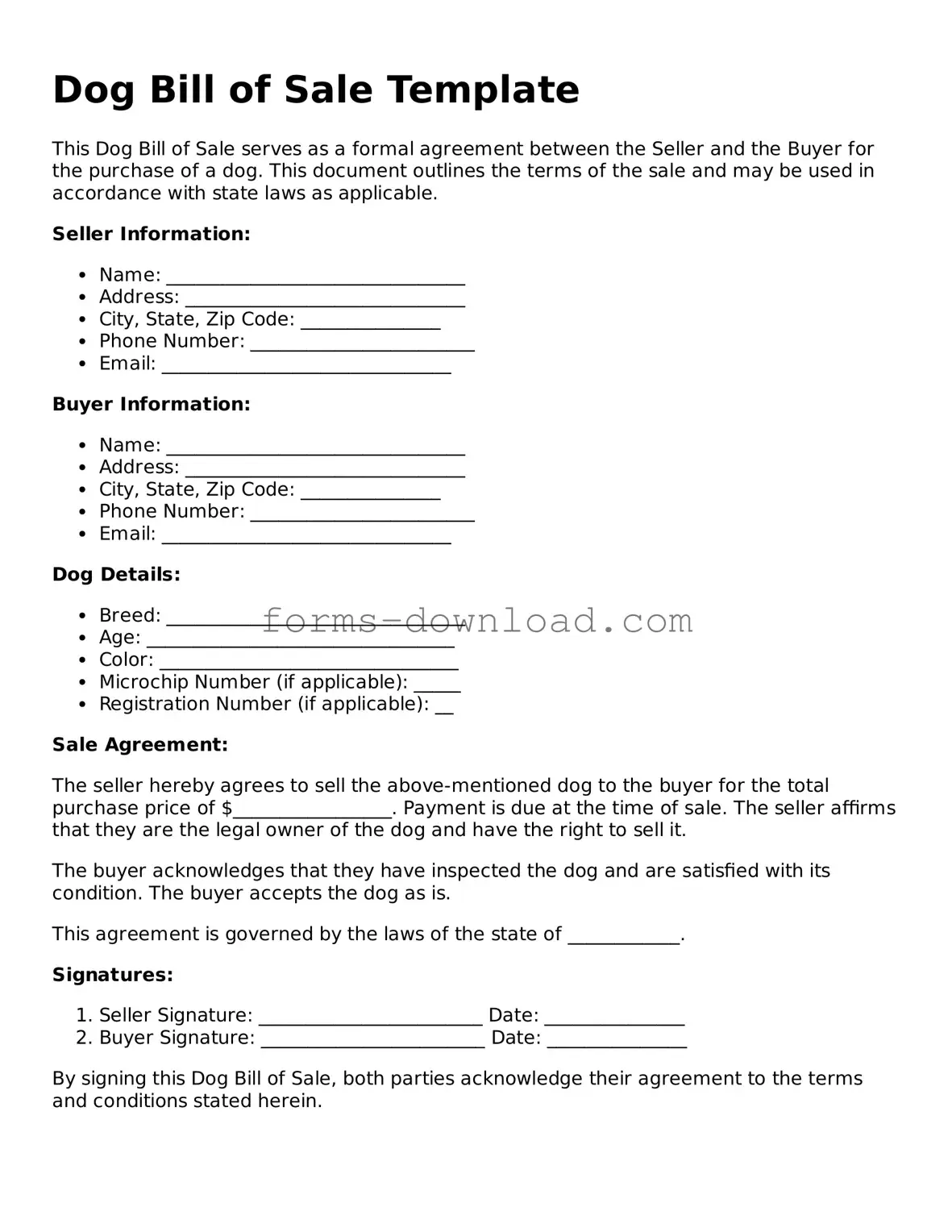 Fillable Dog Bill of Sale Form