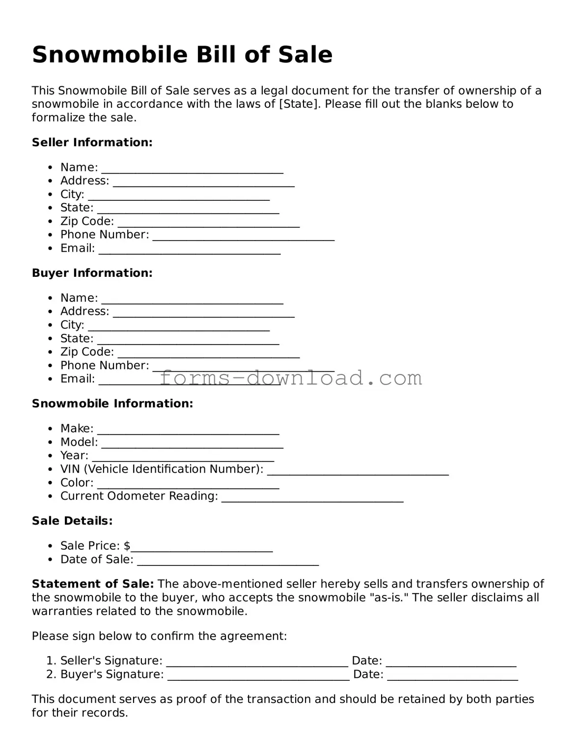 Fillable Snowmobile Bill of Sale Form