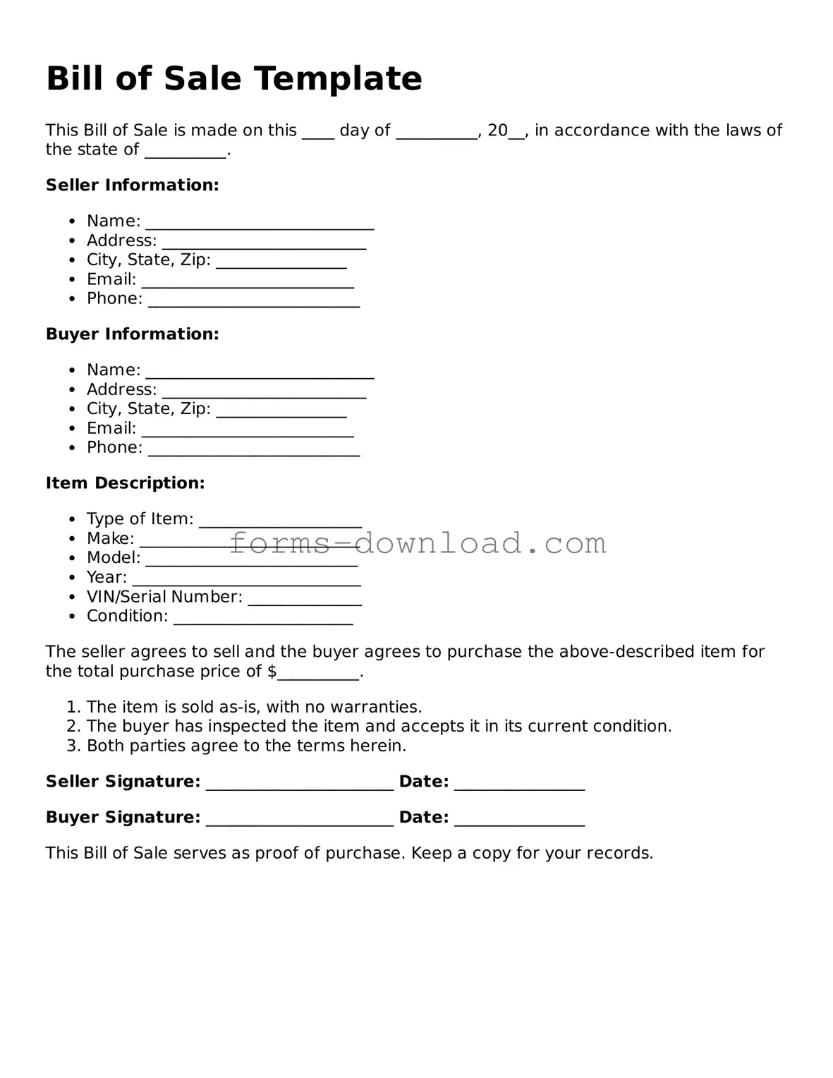 Fillable Bill of Sale Form