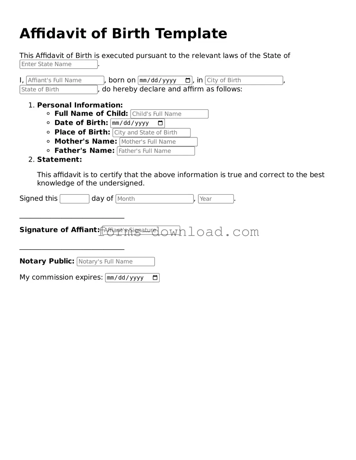 Fillable Affidavit of Birth Form