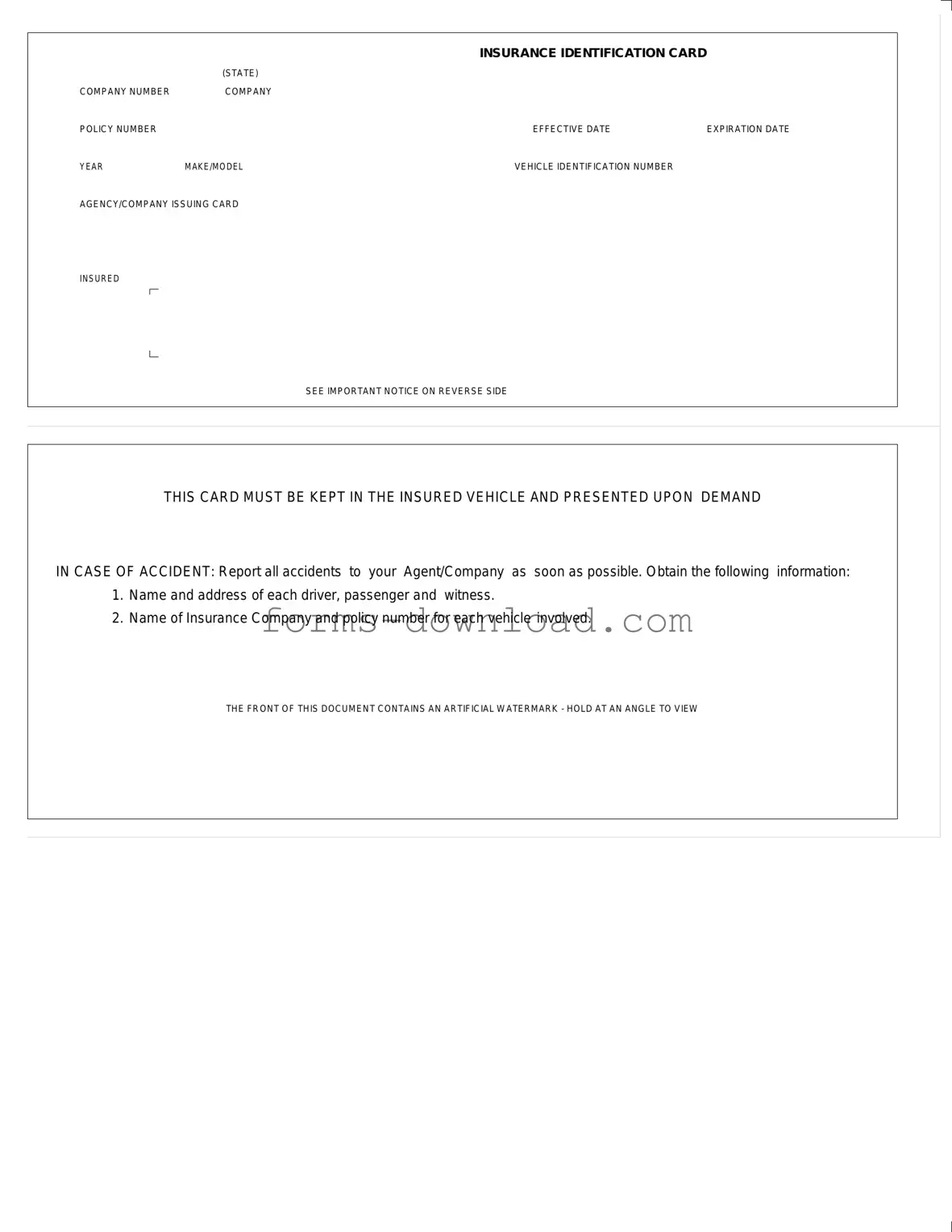 Blank Auto Insurance Card Form