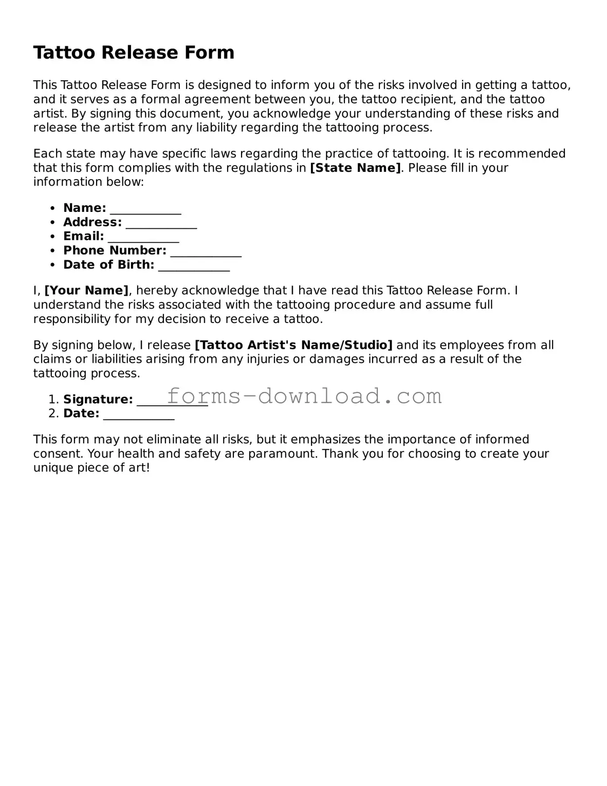 Fillable Tattoo Release Form